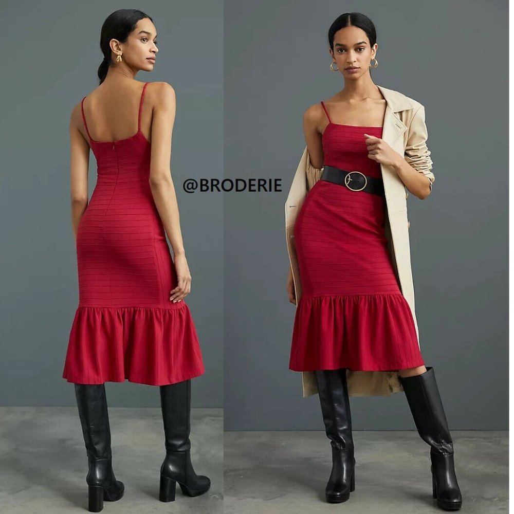 Anthropologie Square Neck Slim Midi Dress NEW size S red color nwt